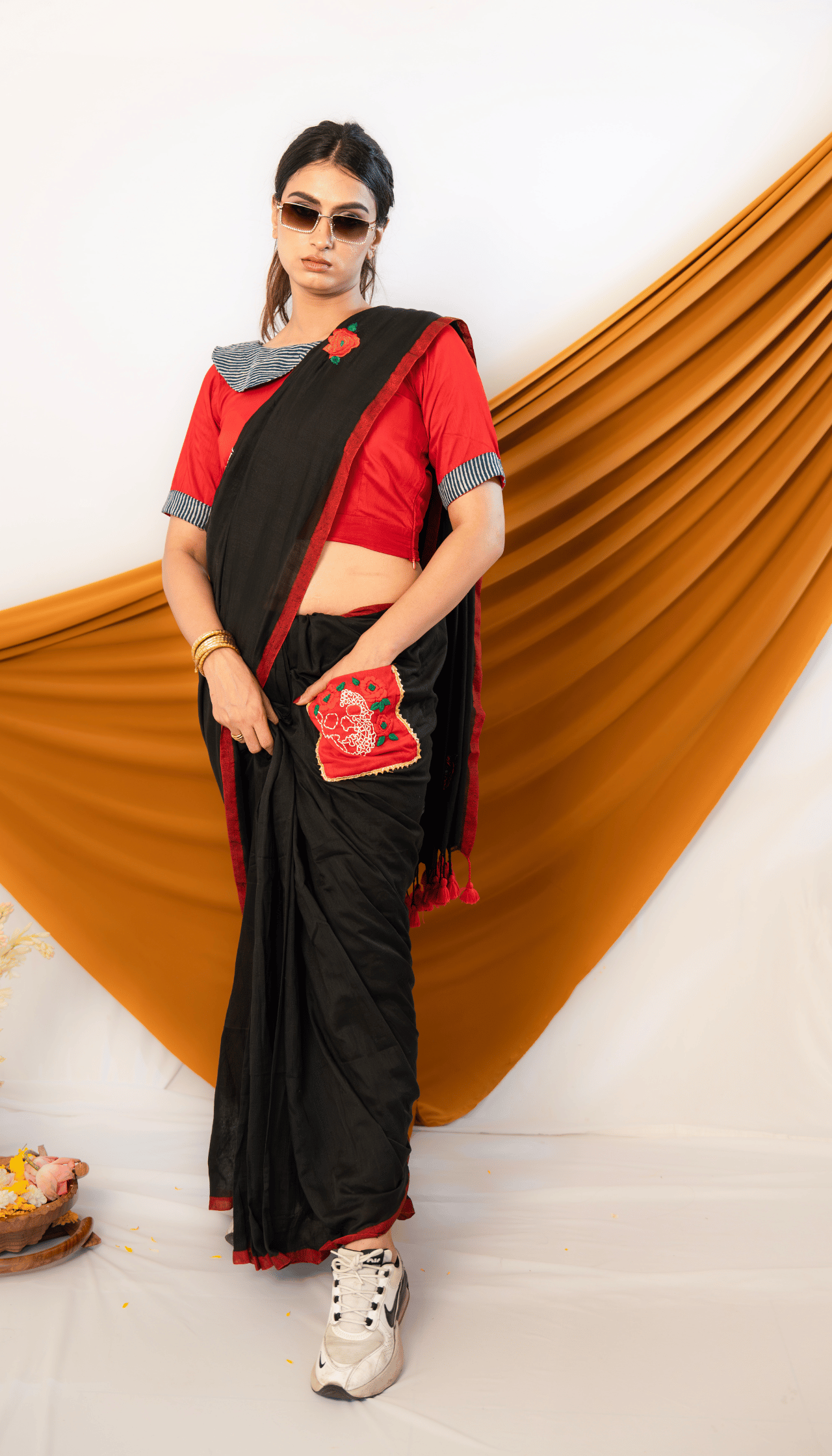 Rogue Bloom – Khadi Cotton Saree with Devil Skull & Red Rose Motifs - Kozylook